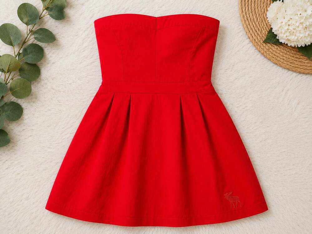 Abercrombie & Fitch Red Strapless Fit-and-Flare Mini Dress with Pockets